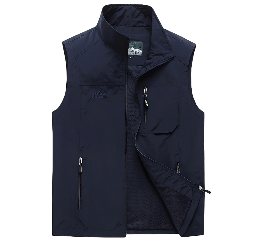 Men's Casual Stand Collar Zipper Travels Vest, Sleeveless, Polyester, Solid Pattern, Two Pockets, SF0297, 140 characters max.